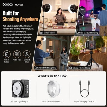Godox ML40Bi Bi-Color LED Video Light, Portable COB Photography Light with Built-in Battery, 2800K-6500K, 28,000 Lux with ML-L10 Reflector, CRI/TLCI 96, 11 FX Effects, USB-C Charging, App/NFC Control