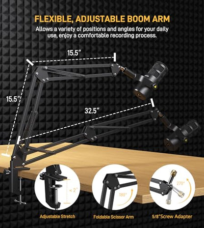 MAONO XLR Podcast Dynamic Microphone, Cardioid Studio Metal Mic with Boom Arm, Compatible with Audio Interface, Audio Mixer, Sound Card for Recording, Streaming, Vocal, Music, Voice Over-PD100S