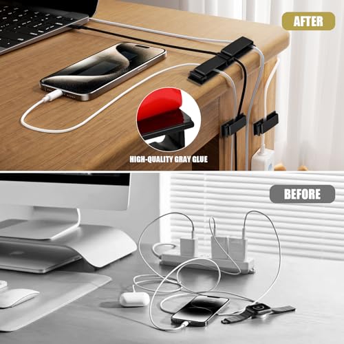 Self Adhesive Cable Management Clips, Line Clips, Cable Organizers, TV PC Line Clips, Ethernet Cable Clips Under Desks - Durable PA66 Material, Easy to Install (Black) (20)