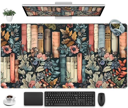 Floral Books Desk Mat Reading Desk Pad Mouse Mat XXL, Colorful Mouse Keyboard Pad Flower Bookshelf Desktop Mat, Long Computer Mats Aesthetic Desk Accessory Reader's Home Decor 31.5" x 15.7" - color: Enchanted Bookshelf