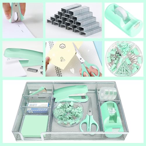 Green Office Desk Accessories, Green Office Supplies Set, Desk Drawer Organizer,Stapler and Tape Dispenser Set,Tape,Staple Remover, Staples, Paper Clips, Scissor and Sticky Note - color: Green