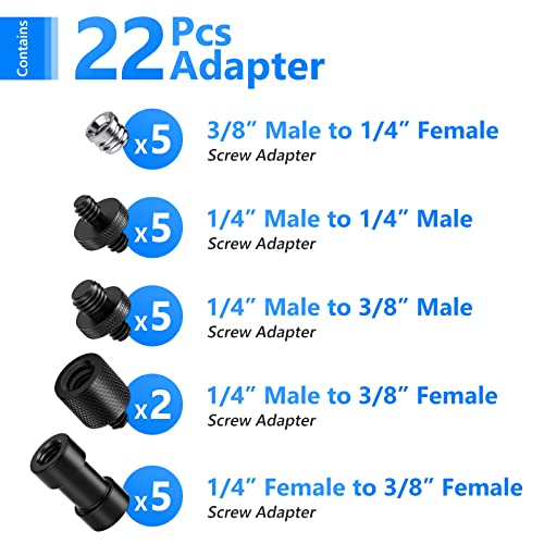 Neewer Camera Screw Adapter, 22 Pieces 1/4” to 1/4” and to 3/8” Tripod Mount Screw Adapter Converter Set for Camera Mount, Monopod, Ball Head, Flash Light Stand, Tripod — ST29 - style: ST29