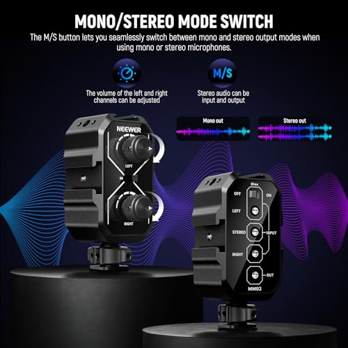 NEEWER MM02 Dual Channel Microphone Audio Mixer Adapter with 3.5mm TRS Cable, Stereo/Mono Switch, Cold Shoe Mounts for DSLR Camera, Smartphones, Wireless Mic Receiver, Video Recording Interview Mic - style: MM02