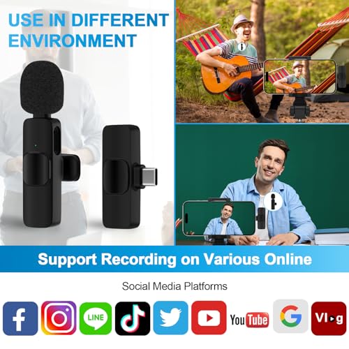 USB C Wireless Lavalier Microphone for iPhone 17 16 Pro Max 16e 15,Samsung Galaxy S25 A16 S24 Ultra,Noise Reduction Mini Lapel Mic Clip on,Lav Mic on Video Recording,Tiktok,Youtube,Vlog,Live Streaming