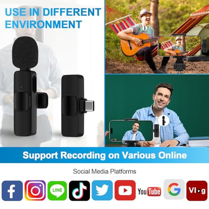 USB C Wireless Lavalier Microphone for iPhone 17 16 Pro Max 16e 15,Samsung Galaxy S25 A16 S24 Ultra,Noise Reduction Mini Lapel Mic Clip on,Lav Mic on Video Recording,Tiktok,Youtube,Vlog,Live Streaming
