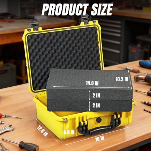 Jack Boss 16x 12.8x 6.8 Inch Hard Case, Portable Weather Waterproof Protective Camera Case with Customizable Foam, Fit Use of Drones, Camera, Equipments, Yellow - color: YELLOW, size: 16x12.8x6.8"