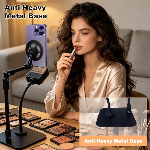 Overhead Phone Stand with Rechargeable Light, Adjustable Desk Smartphone Mount for Nail Art, Magnetic Holder for Cooking Videos, Content Creation, Filming, Live Streaming