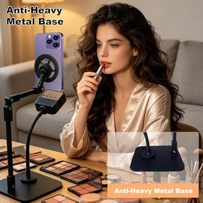 Overhead Phone Stand with Rechargeable Light, Adjustable Desk Smartphone Mount for Nail Art, Magnetic Holder for Cooking Videos, Content Creation, Filming, Live Streaming