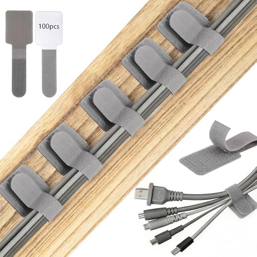 100 Pcs Hook and Loop Cable Ties, Self Adhesive Cable Management Under Desk Cable Straps, Adjustable Cord Organizer for Desk Home Office Organization (Grey) - color: Grey