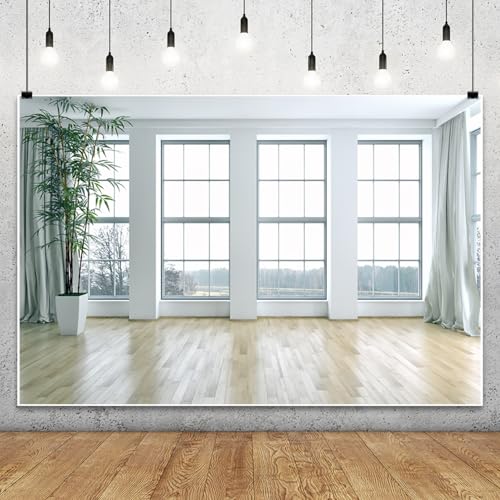 8x6FT White Living Room Wall Podcast Backdrop Modern Interior Wooden Floor Bright Window Background for Zoom Calls Home Office Live Video Photography Studio Props - size: 8x6ft
