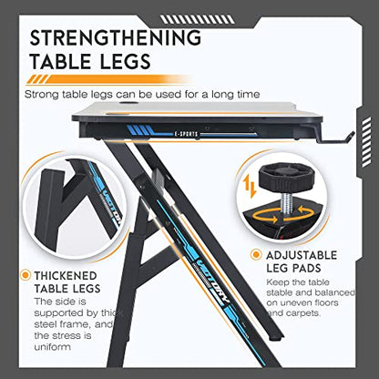 BestOffice | 47" Gaming Desk | Blue | Carbon Fiber Textured Computer Desk | Sturdy Steel Frame, Cup Holder, Headphone Hook, Cable Management Holes, Adjustable Leg Pads | for Gamers, Home, Office - color: Blue, size: 47 Inch R Shaped