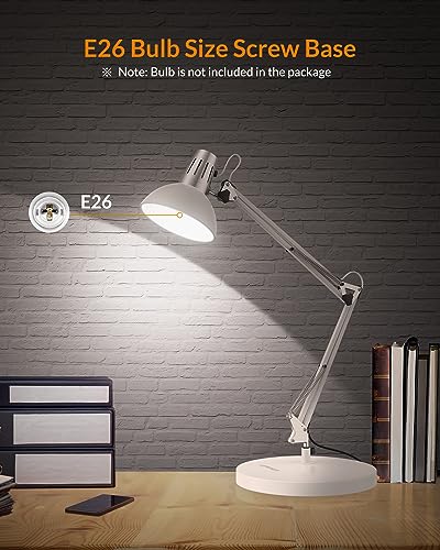 LEPOWER Metal Desk Lamp, Adjustable Goose Neck Architect Table Lamp with On/Off Switch, Swing Arm Desk Lamp with Clamp, Eye-Caring Reading Lamp for Bedroom, Study Room &Office (White) - color: White
