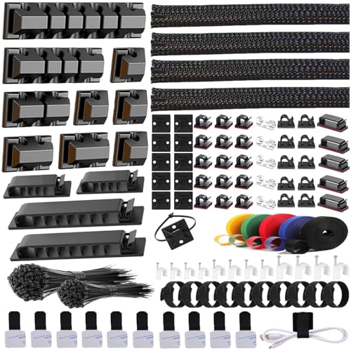 ELII 327 PCS Cable Management Kit 4 Cable Cable Sleeves,65 Cable Clips with 13Cord Holders,25 Roll Cable Organizer Straps,200 Fastening Cable Ties,20 Cable Zip Tie Mounts for Computer (Black) - color: Black