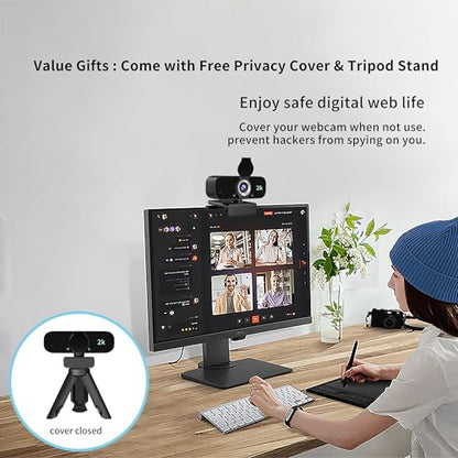 2K Webcam for Computer, USB Plug&Play, Auto Low Light Correction, Privacy Cover, Tripod, Wide Angle for Meeting/Online Video/Zoom, Web Cam with Microphone