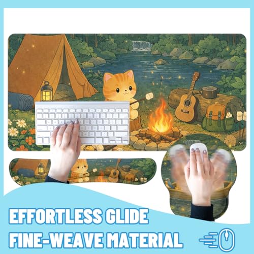 Cute Cat Desk Mat Set Cozy Camping Large Mouse Pad with Wrist Rest 4in1 Desk Mat for Desktop Ergonomic Computer Desk Arm Wrist Anti-Slip Computer Ergonomic Mouse Pad Home Office Gaming - color: Cute Cat