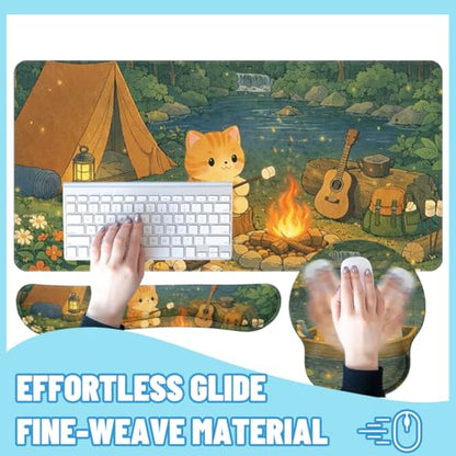 Cute Cat Desk Mat Set Cozy Camping Large Mouse Pad with Wrist Rest 4in1 Desk Mat for Desktop Ergonomic Computer Desk Arm Wrist Anti-Slip Computer Ergonomic Mouse Pad Home Office Gaming - color: Cute Cat