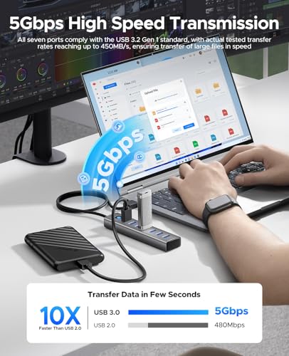 ORICO 7-Port USB 3.0 Hub, Aluminum USB Multiple Adapter, 5Gbps USB Extender USB Splitter with 3.28Ft Cable, UBS-A Hub Long Cable for Desktop, PC, Flash Drive, Mobile HDD, Windows/XPS - size: 3.28Ft