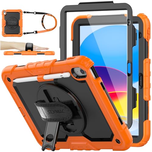 SEYMAC stock Case for iPad (A16) 11th/10th Generation 11''/10.9'' 2025/2022, Full-Body Drop Protection Case with Screen Protector &360° Rotate Hand Strap/Stand, Black+Orange - color: Black+Orange, size: Case for iPad (A16) 11th/10th Generation 11/10.9''
