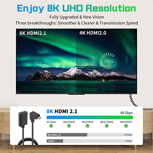 Duttek 8K 90 Degree HDMI to Micro HDMI Extension Cable, 48Gbps, 8K@60Hz, Down Angle Micro HDMI Male to HDMI Female Coiled Cable for Gopro Hero and Other Action Camera 3.3FT/1M - style: Down Angle Micro HDMI Male to HDMI Female