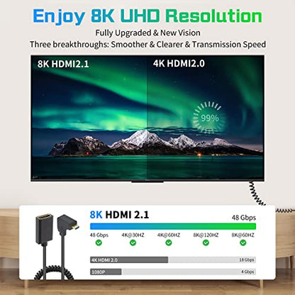 Duttek 8K 90 Degree HDMI to Micro HDMI Extension Cable, 48Gbps, 8K@60Hz, Down Angle Micro HDMI Male to HDMI Female Coiled Cable for Gopro Hero and Other Action Camera 3.3FT/1M - style: Down Angle Micro HDMI Male to HDMI Female