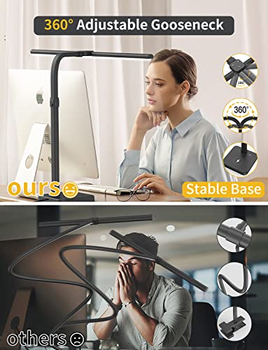 AKRRYR LED Desk Lamp for Home Office, Double Head 24W with Base, Architect Light 5 Lighting Brightness Flexible Gooseneck Table Reading Study, Black - color: Black-Desktop