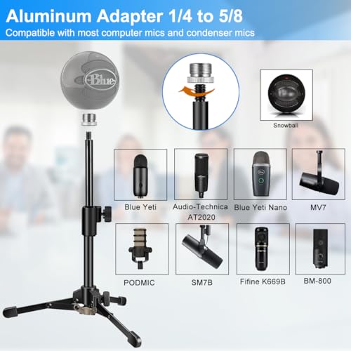 Mic Stand Desk, Table Mic Tripod Desktop Mic Stand Height Adjustable Small Microphone Stand for Desk with Pop Filter Shock Mount Mic Clip 1/4" to 5/8" Adapter for Blue Yeti Snowball - style: Pop filter + Shock mount