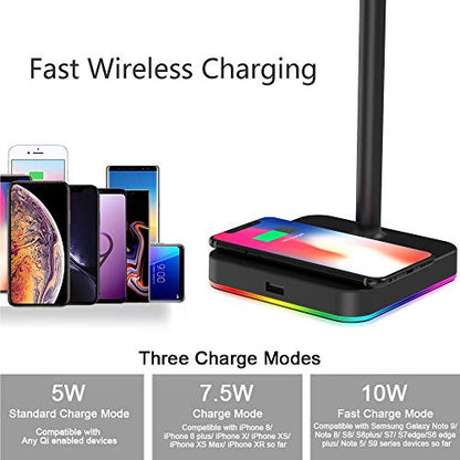 KAFRI RGB Headphone Stand with Wireless Charger Desk Gaming Headset Holder Hanger Rack with 10W/7.5W QI Charging Pad and QC 3.0 USB Port - Suitable for Gamer Desktop Table Game Earphone Accessories - color: Black