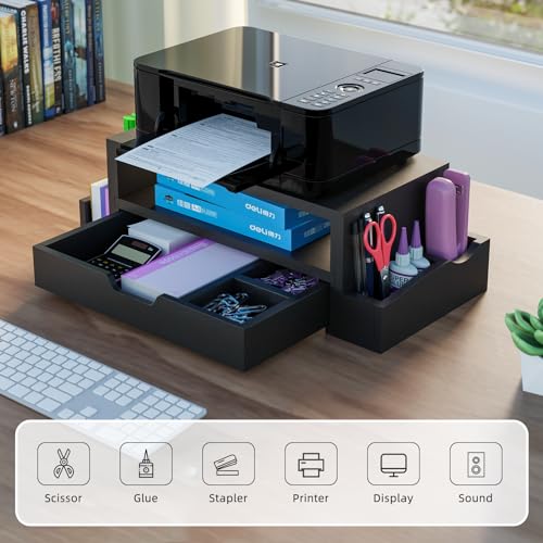 Simple Trending Wood Monitor Stand Riser with Drawer and Pen Holder, Desk Organizer for Home Office, Black - size: 20.25"W x 9.25"D x 5.5"H