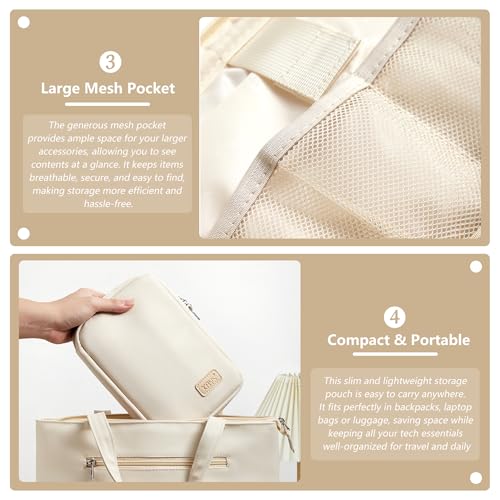 Travel Cable Organizer, Tech Pouch Electronics Organizer Travel Case, Portable Lightweight All-in-One Storage Bag for Cords, Charger, Phone, USB Cables, Hard Drive, Flash Drive (Beige, Large)