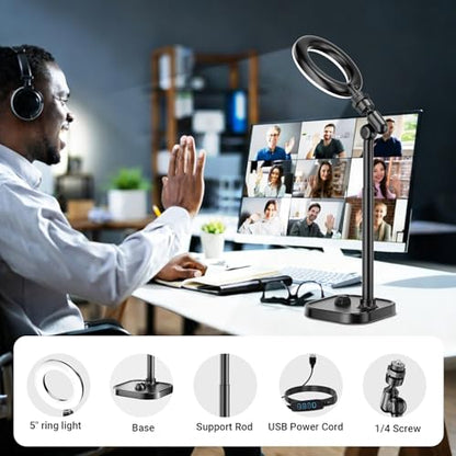 Ring Light for Desk, Portable Streaming Lights for Video Recording, 5’’ Halo Lighting with Stand for Selfie, Travel, Meetings, Makeup, Content Creators, Photography