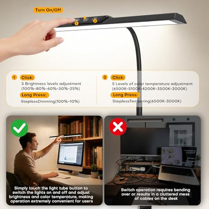 LED Desk Lamp for Office Home, Stepless Dimming Architect Desk Light with DC Adapter, Eye-Caring Desk Lamp with Clamp, 25 Lighting Modes Adjustable 12.8in Flexible Gooseneck for Workbench(Black) - color: Black