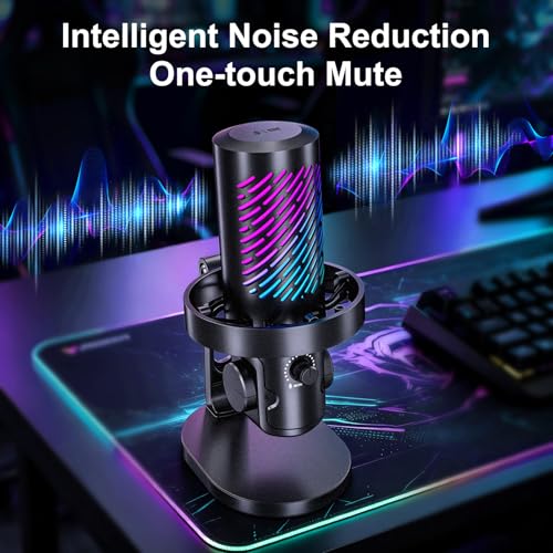 tenlamp RGB USB Gaming Microphone for PC, Streaming & Podcast, Cardioid Condenser Mic with Noise Reduction, Touch Mute, Headphone Monitoring, Gain Control, Plug & Play for Mac Phone