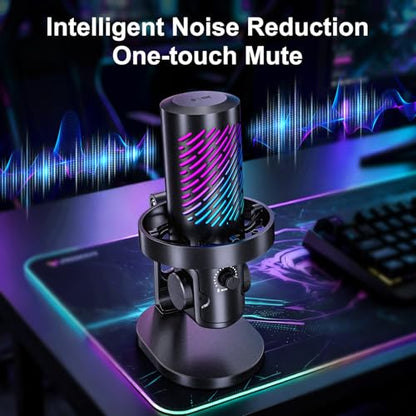 tenlamp RGB USB Gaming Microphone for PC, Streaming & Podcast, Cardioid Condenser Mic with Noise Reduction, Touch Mute, Headphone Monitoring, Gain Control, Plug & Play for Mac Phone