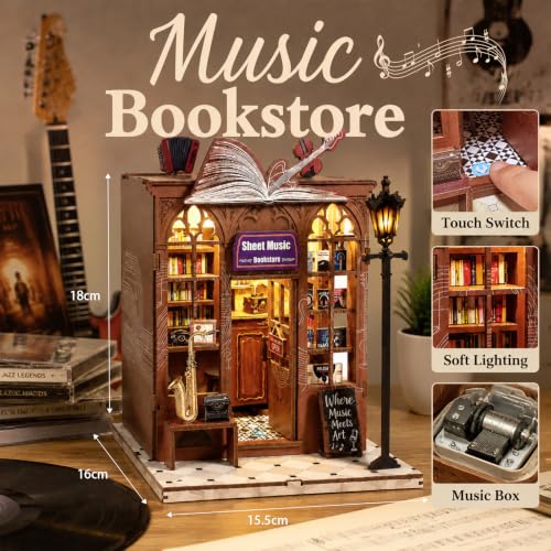 Book Nook Kit DIY Miniature House with LED Lights & Music Box, 3D Wooden Puzzle Bookshelf Insert for Adults, Double Door Mini Dollhouse Building Kit, Creative Home Decor Gift for Women & Men - style: Sheet Music Shop