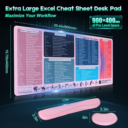 Excel Cheat Sheet Desk Pad Set, 3-Piece XXL Shortcut Mouse Pad with Keyboard and Wrist Rests, Non-Slip Office Mat, 35.5 x 15.8 in, Blush Pink - color: Blush Pink (XXL 3-Piece Set), size: 35.5L x 15.8W inches