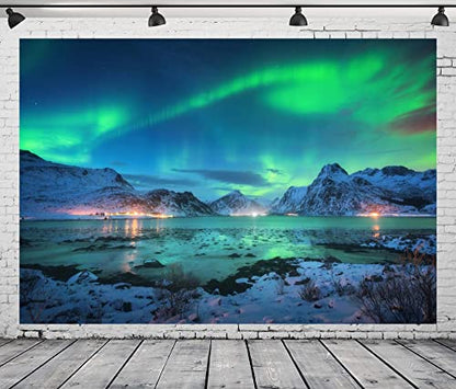 BELECO 10x8ft Fabric Aurora Borealis Night Sky Backdrop Arctic Snow-Capped Mountains Lake Scenery Starry Sky with Polar Lights Norway Winter Landscape Background Wallpaper Home Decor Photo Props - size: 10x8FT