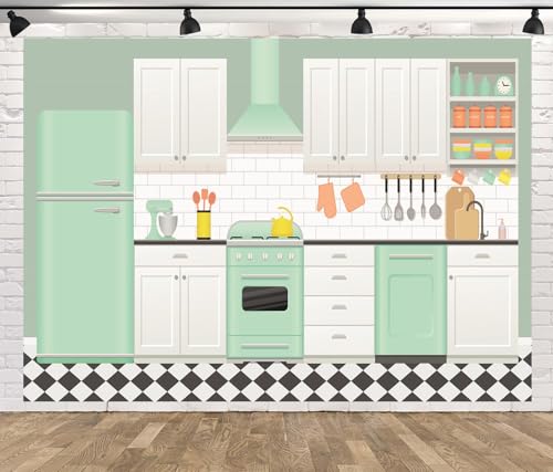 Fabric 15x8ft Cartoon Kitchen Backdrop for Kids Green Kitchen Interior Counter Background for Photography Cooking Party Decor Online Bake Class Banner Party Decorations Photo Props - size: 15x8FT