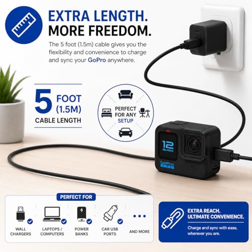 Master Cables USB-C Charger & Data Sync Cable 5 Foot Compatible with GoPro HERO13, HERO12, HERO11 Mini, HERO10, HERO9, HERO8, HERO7, HERO6, HERO5, HERO5 Session & MAX -USB Type-C Charging Lead