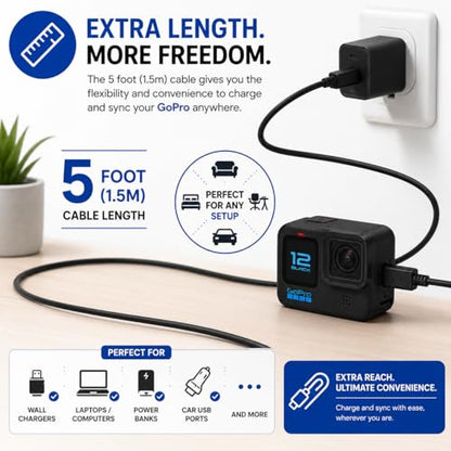 Master Cables USB-C Charger & Data Sync Cable 5 Foot Compatible with GoPro HERO13, HERO12, HERO11 Mini, HERO10, HERO9, HERO8, HERO7, HERO6, HERO5, HERO5 Session & MAX -USB Type-C Charging Lead