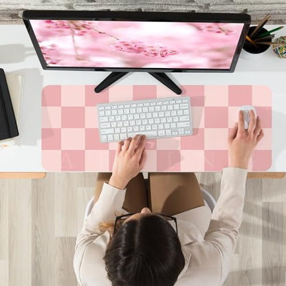 AFIING Pink Checkered Desk Mat, 31.5" x 12"，Waterproof PU Leather Desk pad | Non-Slip Rubber Base, Easy Clean Surface, Desk Protection, Office & Home - color: Pink