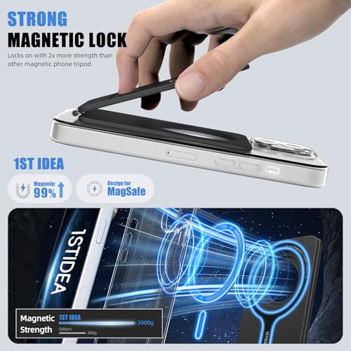 IST IDEA for Magsafe Tripod, Tripod for iPhone Lightweight Aluminum Alloy & Angle Adjustment & Strong Magnets iPhone Tripod Stand Compatible with 17/16/15/14/13/12 (Included Metal Ring) - color: Black