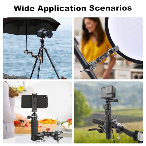 Double Super Clamp Camera Mount with Magic Arm, Aluminum Double Clamp Mount Umbrella Holder for Desk, Studio Light/Boom Stand, Photography Reflector, Cross Bars, Bike/Motor Handlebars (SY004)