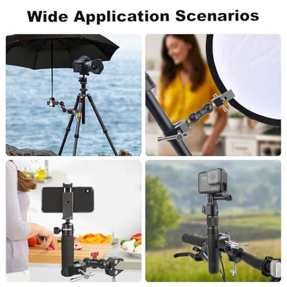Double Super Clamp Camera Mount with Magic Arm, Aluminum Double Clamp Mount Umbrella Holder for Desk, Studio Light/Boom Stand, Photography Reflector, Cross Bars, Bike/Motor Handlebars (SY004)