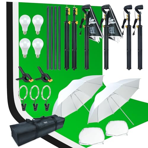 LINCO Lincostore Photo Video Studio Light Kit AM174 - Including 3 Color 5x10ft Backdrops (Black/White/Green) Background Screen