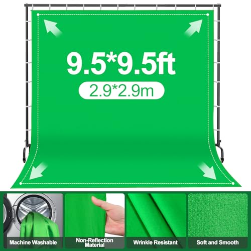 7x10ft Green Screen Backdrop Kit with Stand, 9.5x9.5ft Large Greenscreen Background Movable Backdrop Stand with Wheels for Streaming, Photography, Video Recording