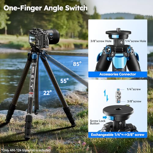 SIRUI AM-124 Carbon Fiber Tripod with Triangular Center Column, 62.6" Compact Travel Tripod for Camera, 4 Sections, Waterproof Twist Lock, Load 26.5lbs - size: 62.6 inches
