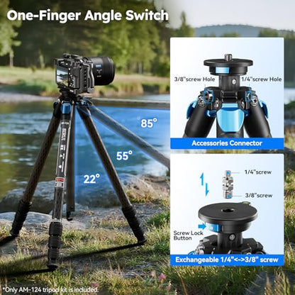 SIRUI AM-124 Carbon Fiber Tripod with Triangular Center Column, 62.6" Compact Travel Tripod for Camera, 4 Sections, Waterproof Twist Lock, Load 26.5lbs - size: 62.6 inches