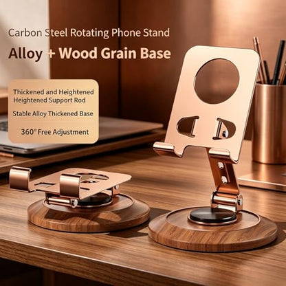 Adjustable Cell Phone Stand,360 Rotating Foldable Desktop | Cellphone Stand with Anti-Slip Base Portable Phone Holder for iPhone 17 16 15 14 13 Pro Max, All Smart Phones, iPad - color: Wood grain color