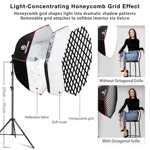 Light Box Photography Lighting Kit:2-Pack 37" Octa Softbox,Honeycomb Grid,110W LED Lamps,RC,Tripod Stands for Studio Light,Video Recording,Portraits,Model/Food/Pet/Baby/Product Shoots & Live Streaming - size: 2-Pack