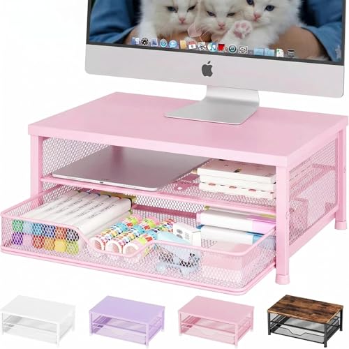 OPNICE Computer Monitor Stand Riser, Desk Organizer with Drawer, Printer & Laptop Stand, Office Desk Accessories & Workspace Desktop Organizers Storage for Office Supplies(Pink) - color: Pink, size: With Drawer